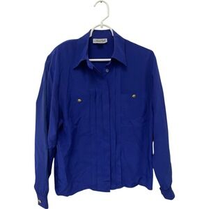 Adrianna Papell‎ Pleated Top CEO Shirt Womens 6 Blue Pure Silk Blouse Vintage